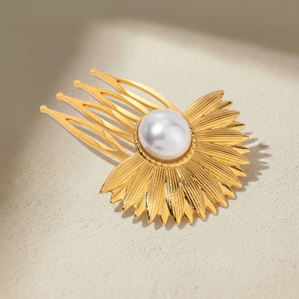 18K Gold Plated Sunburst Floral Hair Comb Pearl Statement Barrette Waterproof
